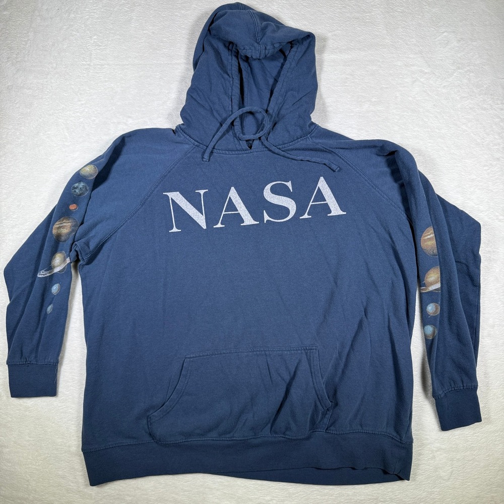 NASA Hoodie Men's Large Blue Graphic Planets Sleeves Pullover‎ Sweatshirt L